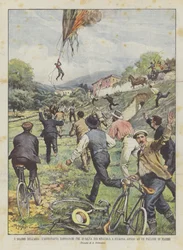 Die Dramen der Luft, der Aeronaut Zambianchi rettet sich in Sulmona, an einem brennenden Ballon hängend