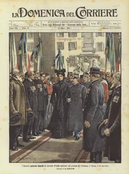 Die Herrscher marschieren an den aufgereihten italienischen Veteranen im Pronaos des Pantheons in Rom vorbei, am 14. Mai