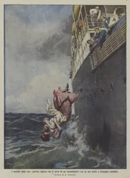 Die Dramen des Lebens, junge Frau springt mit ihrem Kind von einem Transatlantikschiff und beide ertrinken