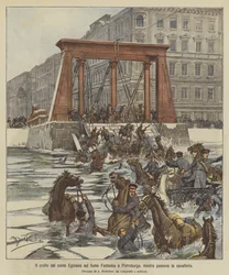Der Einsturz der ägyptischen Brücke über den Fluss Fontanka in St. Petersburg, während die Kavallerie darüber ritt