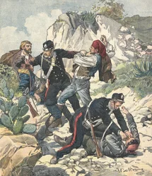 Italien (1902). Carabinieri verhaften einen Banditen und seine Bande in Trapani. Illustration von Achille Beltrame aus „Domenica del Corriere“ (23. Februar)