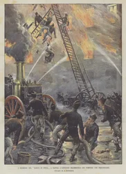 Der Brand der Banco di Pietà in Neapel, das dramatische Ereignis der Feuerwehrleute, die abstürzen