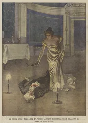 Die neue Oper Tosca von Maestro Puccini, der Tod von Scarpia (Finale des zweiten Akts)