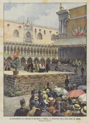 Der Wiederaufbau des Glockenturms von San Marco in Venedig, die Segnung des ersten Steins (25. April)