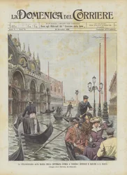 Die außergewöhnliche Flut der letzten Woche in Venedig, Gondeln und Boote auf dem Markusplatz