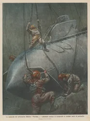 Die Katastrophe des französischen U-Boots Pluviôse, die Taucher versuchen, es in zweiundzwanzig Metern Tiefe zu bergen