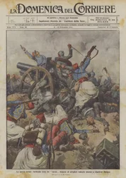 Der erbitterte Krieg, wütender Kampf zwischen französischen Turcos und deutschen Artilleristen um Charleroi (Belgien)