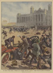 Der tragische Arbeiteraufstand in Budapest für das allgemeine Wahlrecht, Barrikaden und Blutvergießen vor dem Parlament