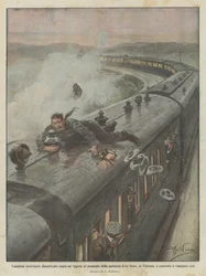 Eisenbahner, der bei der Abfahrt eines Zuges in der Toskana auf einem Waggon vergessen wurde