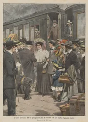 Die Ankunft der Ex-Prinzessin Luisa von Sachsen und ihres Mannes, des Pianisten Toselli, in Florenz