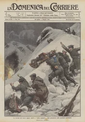 Die Einfälle unserer Alpini, explosive Fässer und Schlitten, die auf die österreichischen Stellungen geworfen werden