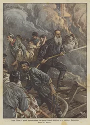 Leo Tolstoi, der große russische Schriftsteller, löscht das Feuer in einem Krankenhaus in Bogoroditzk