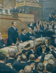 Benito Mussolini verkündet dem Senat das Bündnis der vier Westmächte. Achille Beltrame (1871-1945) aus La Domenica del Corriere, 7. Juni.