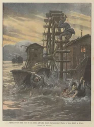 Arbeiter von den Rädern einer Mühle am Etsch überrollt, während sie den Fluss in einem Boot zur Arbeit überquerten