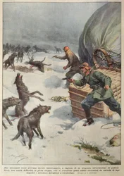 Rudel von Wölfen greifen die Besatzung eines gestrandeten russischen Heißluftballons an, Illustration aus 