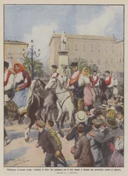 Malerischer sardischer Ritt, Bürger von Ittiri kommen mit ihren Frauen nach Sassari