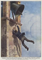 In die Leere geschleudert durch einen Schlag, während er auf dem Glockenturm war, der Küster