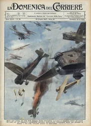 Spanischer Bürgerkrieg: Luftkämpfe zwischen republikanischen und nationalistischen Flugzeugen über dem vom Krieg heimgesuchten Spanien. Illustration von Achille Beltrame in „La domenica del Corriere“ vom 20/06/1937.