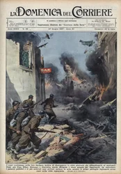 Spanischer Bürgerkrieg: Zusammenstöße in den Straßen baskischer Städte, wobei die Republikaner alles zerstören, anstatt die Städte den Nationalisten zu überlassen. Illustration von Achille Beltrame in „La Domenica del Corriere“ vom 27/06/1937.
