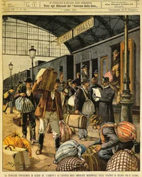 Die große Emigration: Ankünfte und Abreisen süditalienischer Auswanderer nach Kanada, von Achille Beltrame (1871-1945), aus La Domenica del Corriere, 7. April 1901