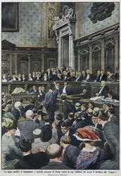 Der große Prozess: der große Prozess in Paris von Madame Caillaux, die den Direktor des Figaro ermordete. „La Domenica del Corriere“, 22. bis 29. November 1914.