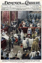 Die Hochzeit von Prinzessin Lydia von Arenberg und dem Herzog von Pistoia: eine prächtige Zeremonie in der Kathedrale von Turin in Anwesenheit der Herrscher und Prinzen des Hauses Savoyen und der Familie Arenberg. Illustriert von Beltrame. La Domenica del