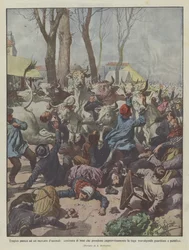 Tragische Panik auf einem Viehmarkt, Hunderte von Ochsen fliehen plötzlich