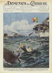 Ein Motorboot mit acht Personen, nach einer Kollision mit einem Dampfer, sinkt in der Lagune von Venedig