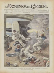 Eine tödliche Explosion durch eine Kanone an Bord des britischen Schlachtschiffs Royal Sovereign vor Missolungi