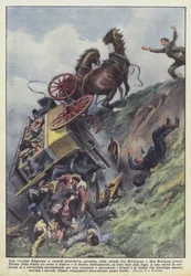 Eine alte Pferdekutsche fuhr voll besetzt auf der Straße zwischen Rivarossa und San Benigno, bei Turin