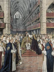 Vereinigtes Königreich (1901). Krönung Eduards VII. in der Westminster Abbey. Illustration von Achille Beltrame, veröffentlicht in Domenica del Corriere. Kupferstich.