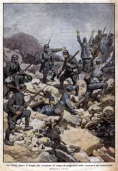 Erster Weltkrieg: Italienische Front auf dem Karstplateau (Trentino) und Gefangene im Untergrund. „Domenica del Corriere“. 07/1917 (Lithographie)
