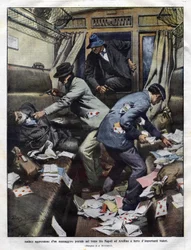 Banditenüberfall auf einen Postzug zwischen Neapel und Avellino im Jahr 1910 (Illustration von Achilles Beltrame für die „Domenica del Corriere“)