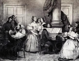 Familienkonzert mit Klavier, von Achille Deveria, Gravur, Frankreich