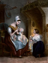 Krankenschwester stillt ein Baby. Lithografie, um 1850