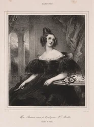 Junge Frau mit einem Fächer, die an einem Tisch sitzt, 1835