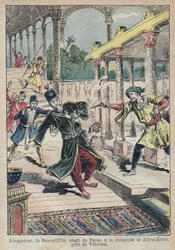 Ermordung von Nasser ed-Din (1831-1896), Schah von Persien (Iran), im Jahr 1896 (auch Nasseredin Schah, Nasserer-al-Din Schah Qajar, Nasser al-Din Schah Qajar, Nassiruddin Schah genannt) - Illustration von Achille Lemot für „Le Pèlerin“ von 1896