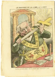 Illustration von Achille Lemot (1846-1909) in Le Pelerin, 23/05/09 - Die Schlange und die Limette - Antimasonismus Freimaurerei, Religion Glaube, Christliches Kreuz, Fabeln La Fontaine und andere, Katholizismus - Laizismus