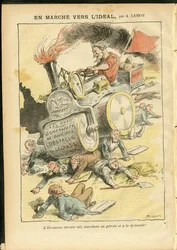 Illustration von Achille Lemot (1846-1909) in Le Pelerin, 27/05/06 - Auf dem Marsch zum Ideal - Sozial, Automobil, Tote Leichen, Revolution, Rote Fahne, Wirtschaft, Sozialismus, Pneumatisch, Reifenpanne