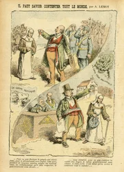 Illustration von Achille Lemot (1846-1909) in Le Pelerin, 03/09/05 - Man muss es verstehen, alle zufriedenzustellen - Antiklerikalismus, Antifreimaurerei, Freimaurerei, Religion, Glaube, Medaille, Linksblock, katholisch, Katholizismus - Vertreibungen von