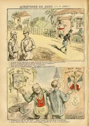 Illustration von Achille Lemot (1846-1909) in Le Pelerin, 06/10/07 - Frage des Tages - Kolonisation Kolonialismus, Antimasonismus, Religion Glaube, Atheismus, Patriotismus, Exil, Katholizismus - Siedler, Entdecker, Sträflinge, Sträflingslager