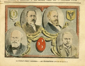 Illustration von Achille Lemot (1846-1909) in Le Pelerin, 09/07/05 - Der deutsch-französische Konflikt, die Unterhändler - Kolonisierung, Kolonialismus, Kolonien, Deutschland, Preußen, Marokko, Frankreich, Tanger - Maurice Rouvier (1842-1911), Bernhard