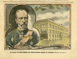 Illustration von Achille Lemot (1846-1909) in Le Pelerin, 20/08/05 - Der Palast, in dem die russischen und japanischen Unterhändler zusammenkommen - Russland, Japan, Russisch-Japanischer Krieg, Portsmouth - Sergei Witte (1849-1915)