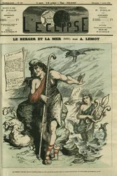 Der Hirte und das Meer illustriert eine Fabel, um den von der Zensur verbotenen Cartoon von Gill „Die Frösche, die einen König verlangen“ zu ersetzen. Titelblatt in „L
