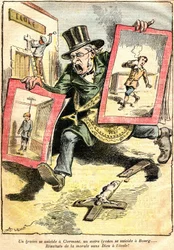 Die Ergebnisse: ein Schüler-Selbstmord in Clermont, ein anderer in Bourg: Ergebnisse der Moral ohne Gott in der Schule! - Karikatur von Achille Lemot (1846-1909) in Le Pelerin (1909) - Opposition von Laizität und religiöser Lehre (katholisch) - ein Beamter