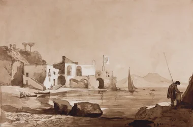 Hafen mit Borbone-Flagge und Vesuv im Süden, mit Ergänzungen eines Borbone-Schülers