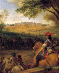 Ankunft von König Ludwig XIV. (1638-1715) vor dem alten Schloss von Versailles im Jahr 1669