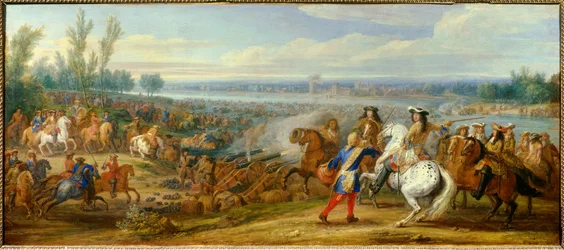 Holländischer Krieg: Der Übergang über den Rhein am 12.06.1672. Die Armeen von König Ludwig XIV. und Louis II. de Bourbon, Prinz von Condé, überqueren den Rhein bei Tolhuis. Gemälde von Adam Frans van der Meulen
