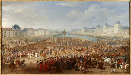 König Ludwig XIV. überquert die Pont Neuf in seiner Kutsche
