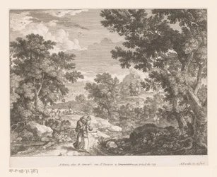 Landschaft mit Christus, der ein Lamm auf seinen Schultern trägt